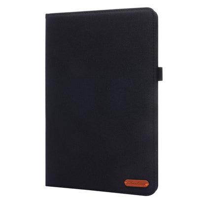 Black fabric PU leather flip tablet case, plain back with matching strap tab.
