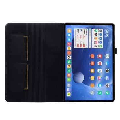 Black flip tablet case with stand and internal name card pocket; tablet seated.