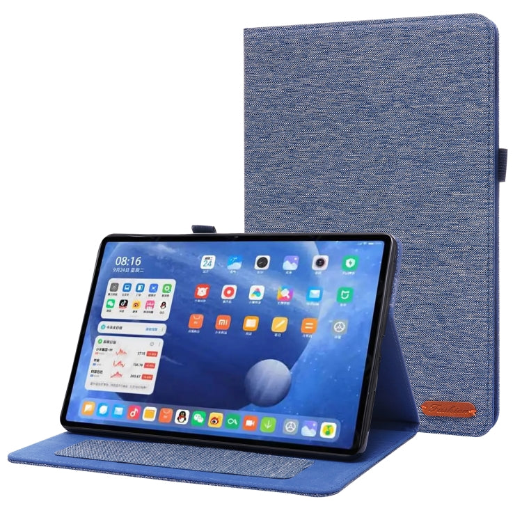 Dark blue textured flip tablet case with stand, tablet showing on screen.