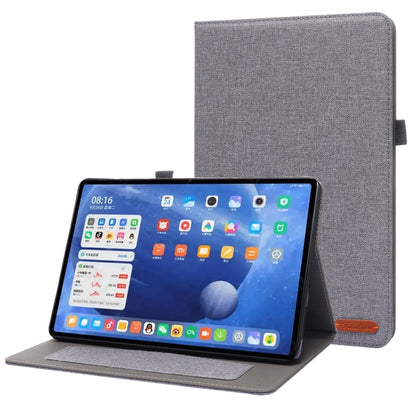 Grey textured flip tablet case with stand; tablet display facing forward.