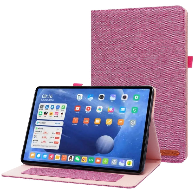 Rose red textured flip tablet case with stand; tablet in landscape view.