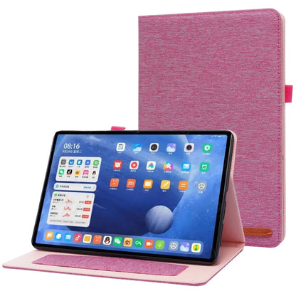 Rose red textured flip tablet case with stand; tablet in landscape view.
