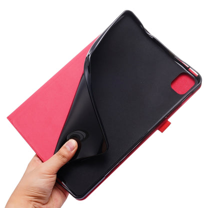 Red and black flip tablet case close-up, showing side buttons and back cutout.