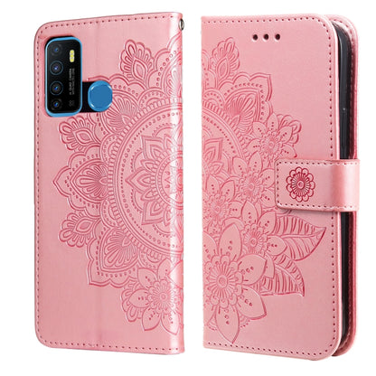 Rose pink PU leather phone wallet case with 7-petal embossed floral pattern and card slots