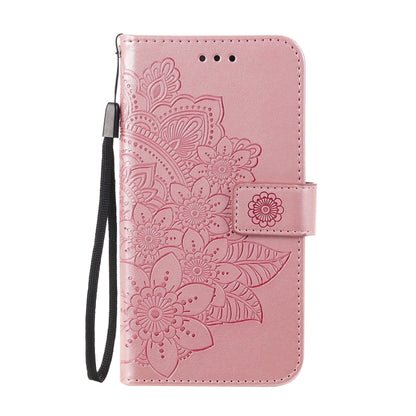 Rose pink PU leather folio case with 7-petal embossed floral print and side wrist strap