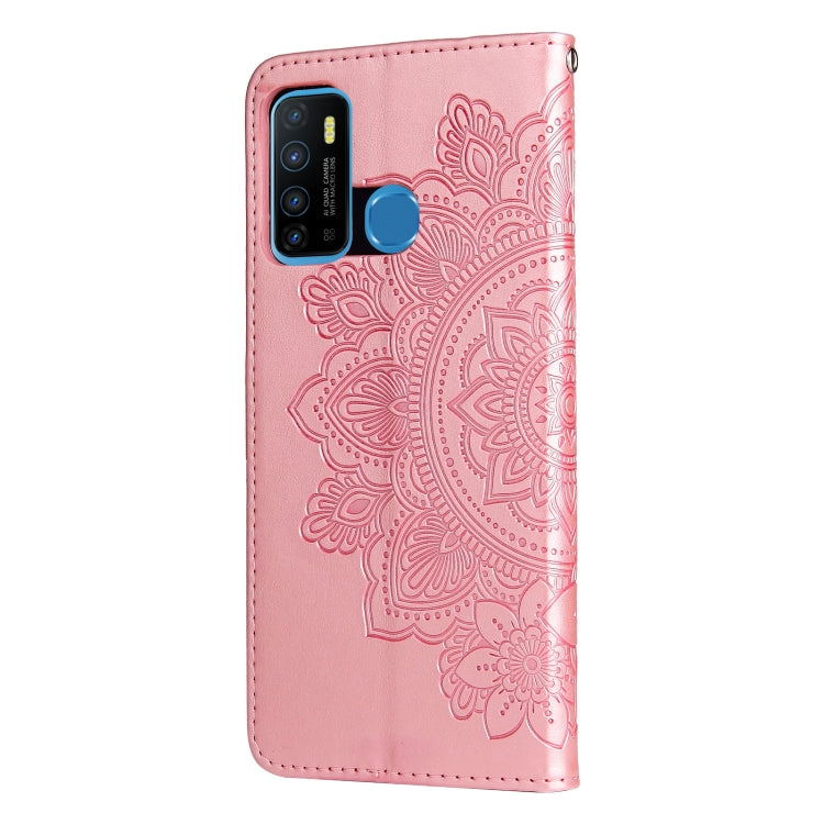 Rose pink PU leather flip phone case with embossed 7-petal floral mandala design