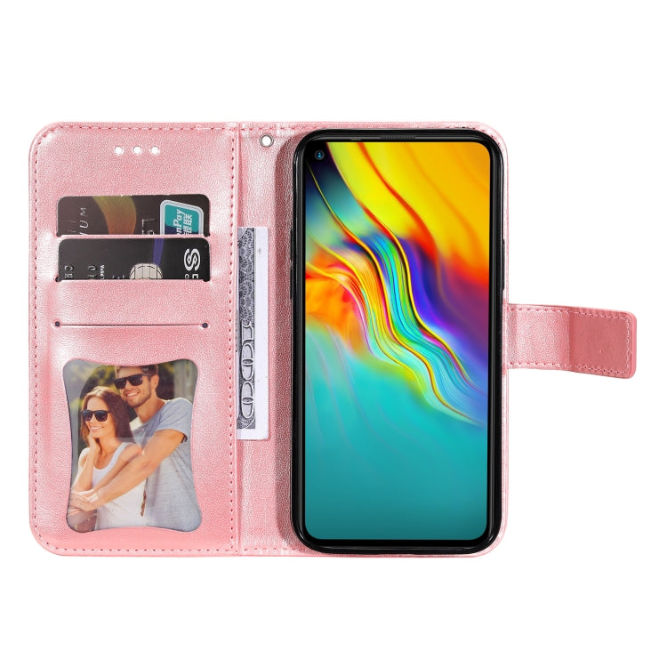 Rose pink PU leather wallet flip case with card slots, photo window, and clasp strap