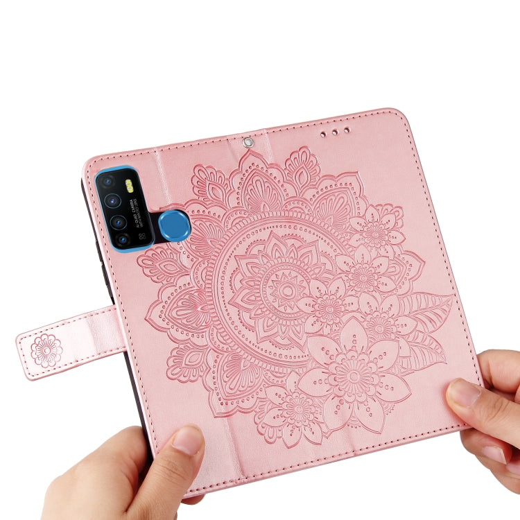 Rose pink PU leather flip phone case with embossed 7-petal floral pattern and hand grip