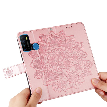 Rose pink PU leather flip phone case with embossed 7-petal floral pattern and hand grip