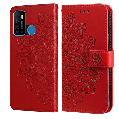 Red PU leather phone wallet case with embossed 7-petal floral pattern and card holder