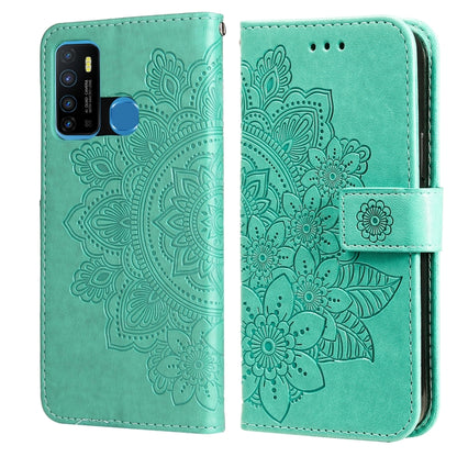 Green PU leather flip phone case with embossed 7-petal floral mandala and card slots