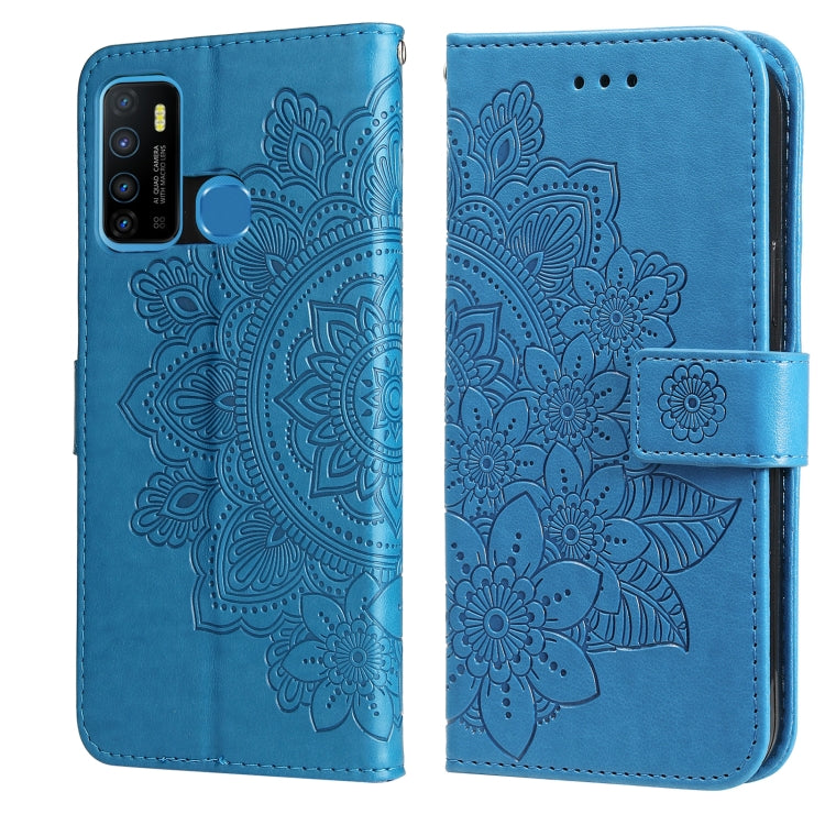 Blue PU leather flip phone case with embossed 7-petal floral pattern and card holder