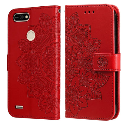 Embossed floral PU leather flip wallet case with front strap, red