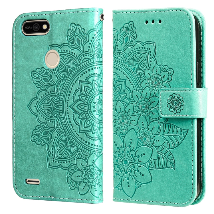 Embossed floral PU leather flip wallet case with front strap, teal green