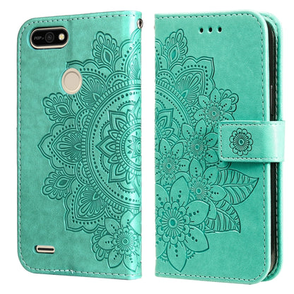 Embossed floral PU leather flip wallet case with front strap, teal green
