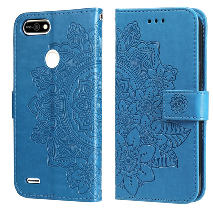 Embossed floral PU leather flip wallet case with front strap, blue