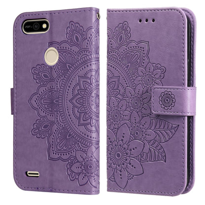 Embossed floral PU leather flip wallet case with front strap, purple