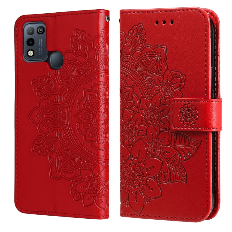 Embossed floral PU leather flip wallet case with front strap, red
