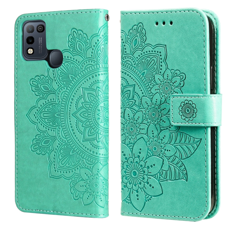 Embossed floral PU leather flip wallet case with front strap, teal green