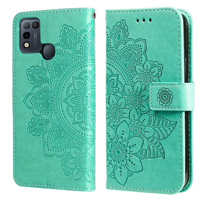 Embossed floral PU leather flip wallet case with front strap, teal green