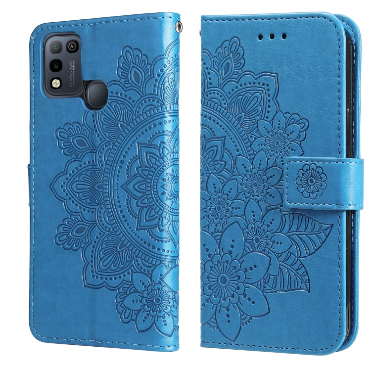 Embossed floral PU leather flip wallet case with front strap, blue