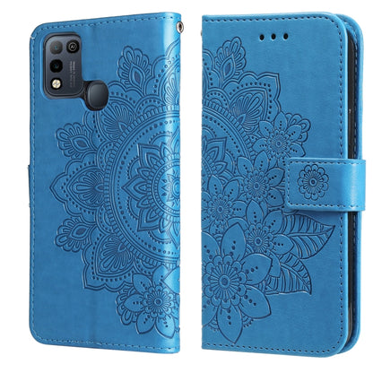 Embossed floral PU leather flip wallet case with front strap, blue
