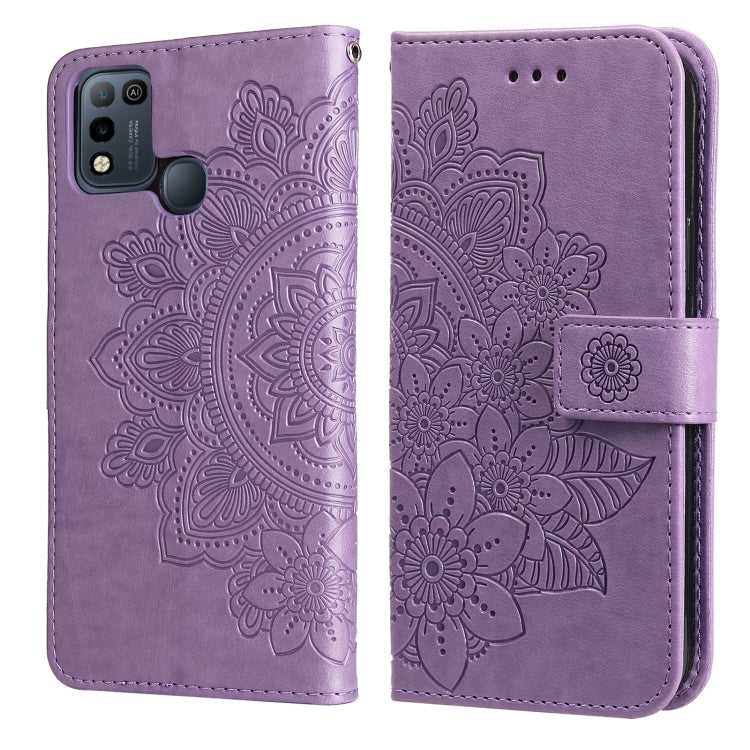 Purple PU leather phone wallet case with 7-petal embossed floral, flip cover and side strap.