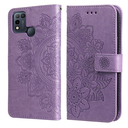 Purple PU leather phone wallet case with 7-petal embossed floral, flip cover and side strap.