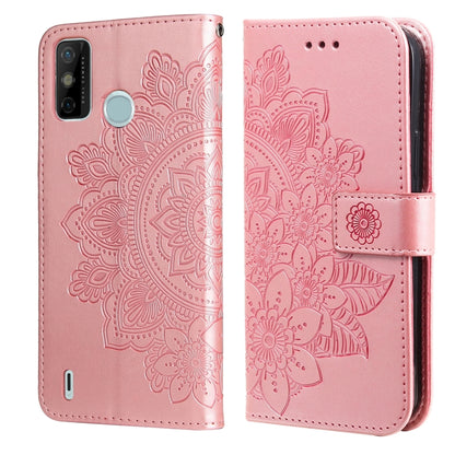 Rose pink PU leather phone wallet case with 7-petal embossed floral, flip cover and side strap.