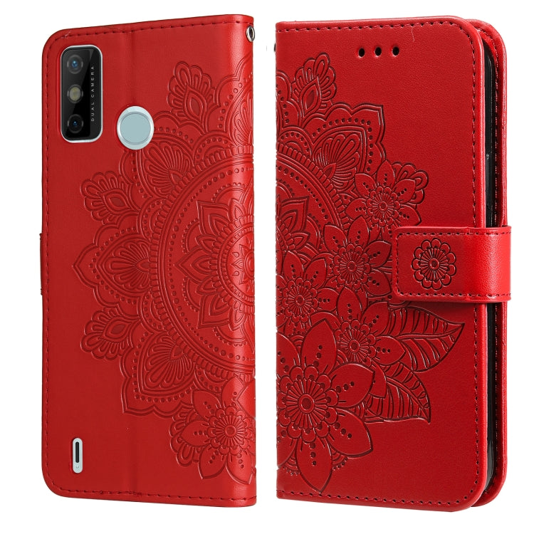 Red PU leather phone wallet case with 7-petal embossed floral, flip cover and side strap.