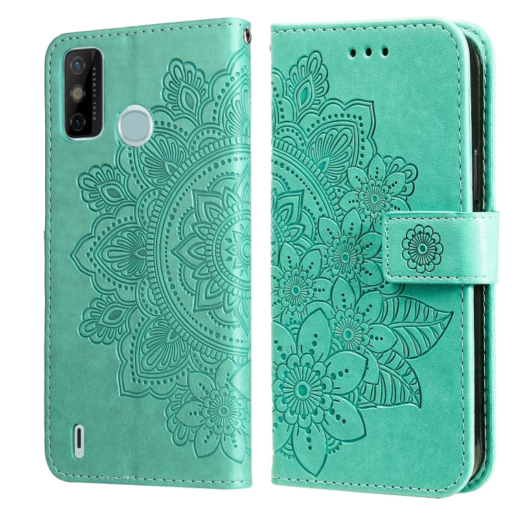 Mint green PU leather phone wallet case with 7-petal embossed floral, flip cover and side strap.