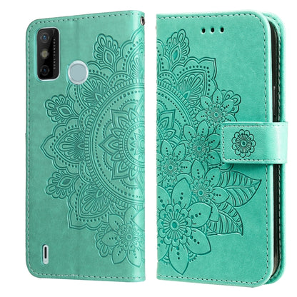Mint green PU leather phone wallet case with 7-petal embossed floral, flip cover and side strap.