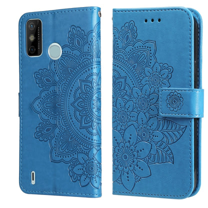 Blue PU leather phone wallet case with 7-petal embossed floral, flip cover and side strap.