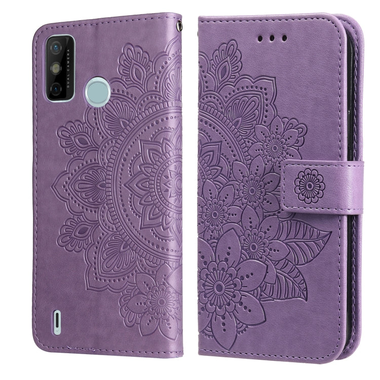 Lavender purple PU leather phone wallet case with embossed 7-petal floral, flip cover with strap.