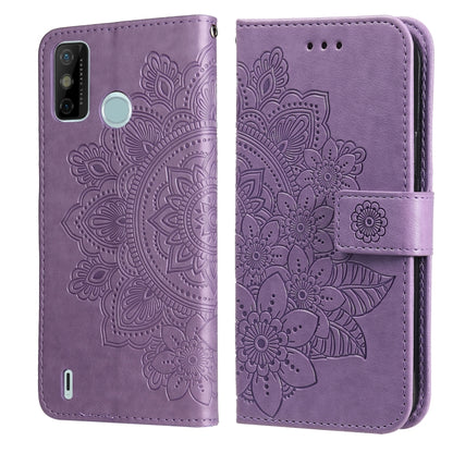 Lavender purple PU leather phone wallet case with embossed 7-petal floral, flip cover with strap.