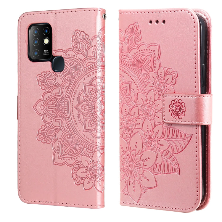 Soft pink PU leather phone wallet case with 7-petal embossed floral, flip cover and fastening strap.