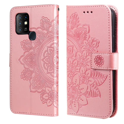Soft pink PU leather phone wallet case with 7-petal embossed floral, flip cover and fastening strap.