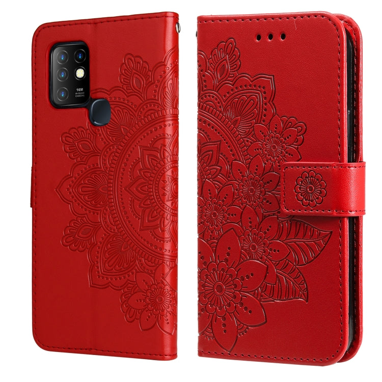 Vibrant red PU leather phone wallet case with 7-petal embossed floral, flip cover and side strap.