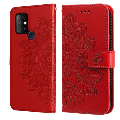 Vibrant red PU leather phone wallet case with 7-petal embossed floral, flip cover and side strap.