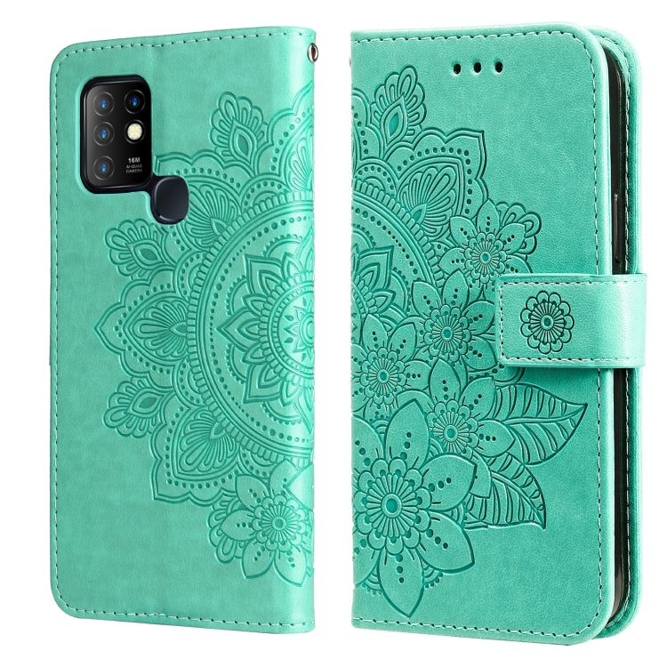 Light teal PU leather phone wallet case with 7-petal embossed floral, flip cover and side strap.