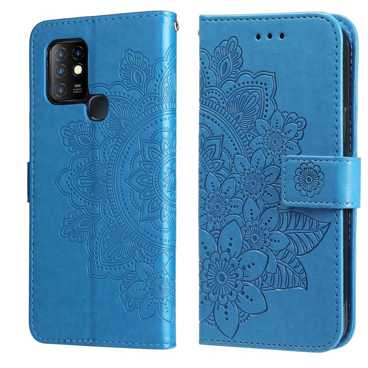 Bright blue PU leather phone wallet case with 7-petal embossed floral, flip cover and side strap.