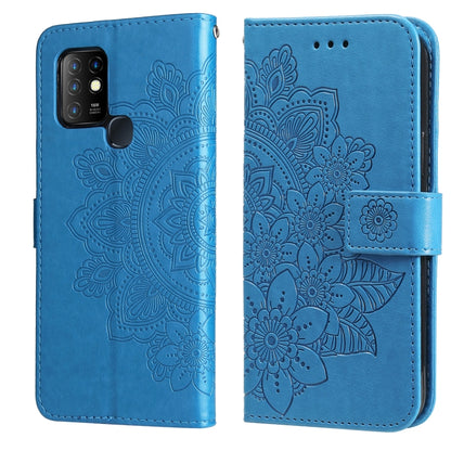 Bright blue PU leather phone wallet case with 7-petal embossed floral, flip cover and side strap.