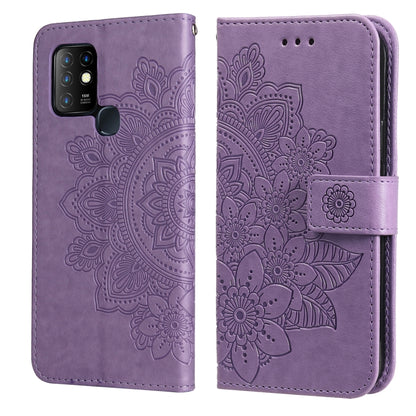 Purple 7-petal flower embossed wallet phone case with card slots and magnetic strap