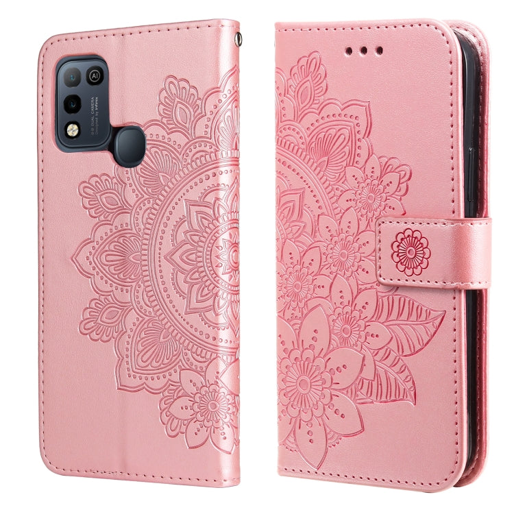 Pink 7-petal flower embossed wallet phone case with card slots and magnetic strap
