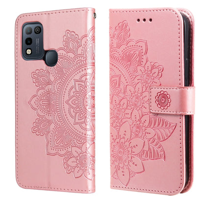 Pink 7-petal flower embossed wallet phone case with card slots and magnetic strap