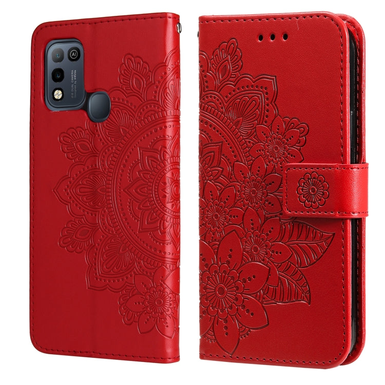 Red 7-petal flower embossed wallet phone case with card slots and magnetic strap
