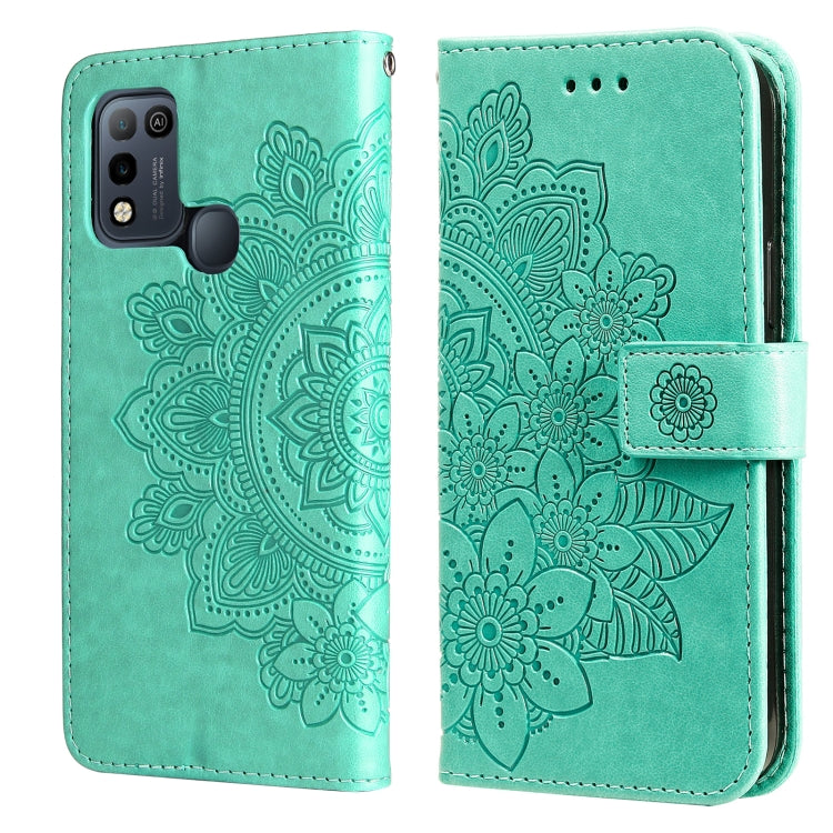 Green 7-petal flower embossed wallet phone case with card slots and magnetic strap