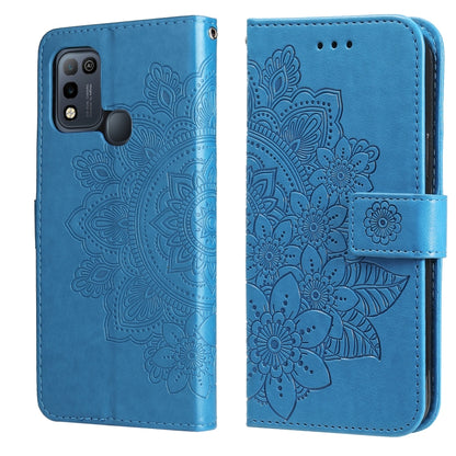 Blue 7-petal flower embossed wallet phone case with card slots and magnetic strap