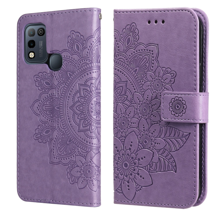 Lilac purple 7-petal flower embossed wallet phone case with card slots and magnetic strap
