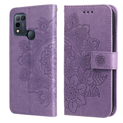 Lilac purple 7-petal flower embossed wallet phone case with card slots and magnetic strap